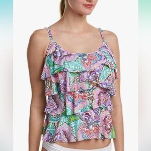 NEW Miraclesuit Women Paisley Print Ruffle Tummy-Control Tankini Top Swim Sz 16